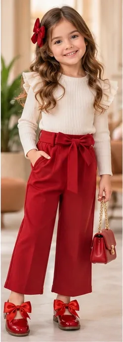 Fırfırlı Triko & Kırmızı Pantolon kombinini giyen çocuk